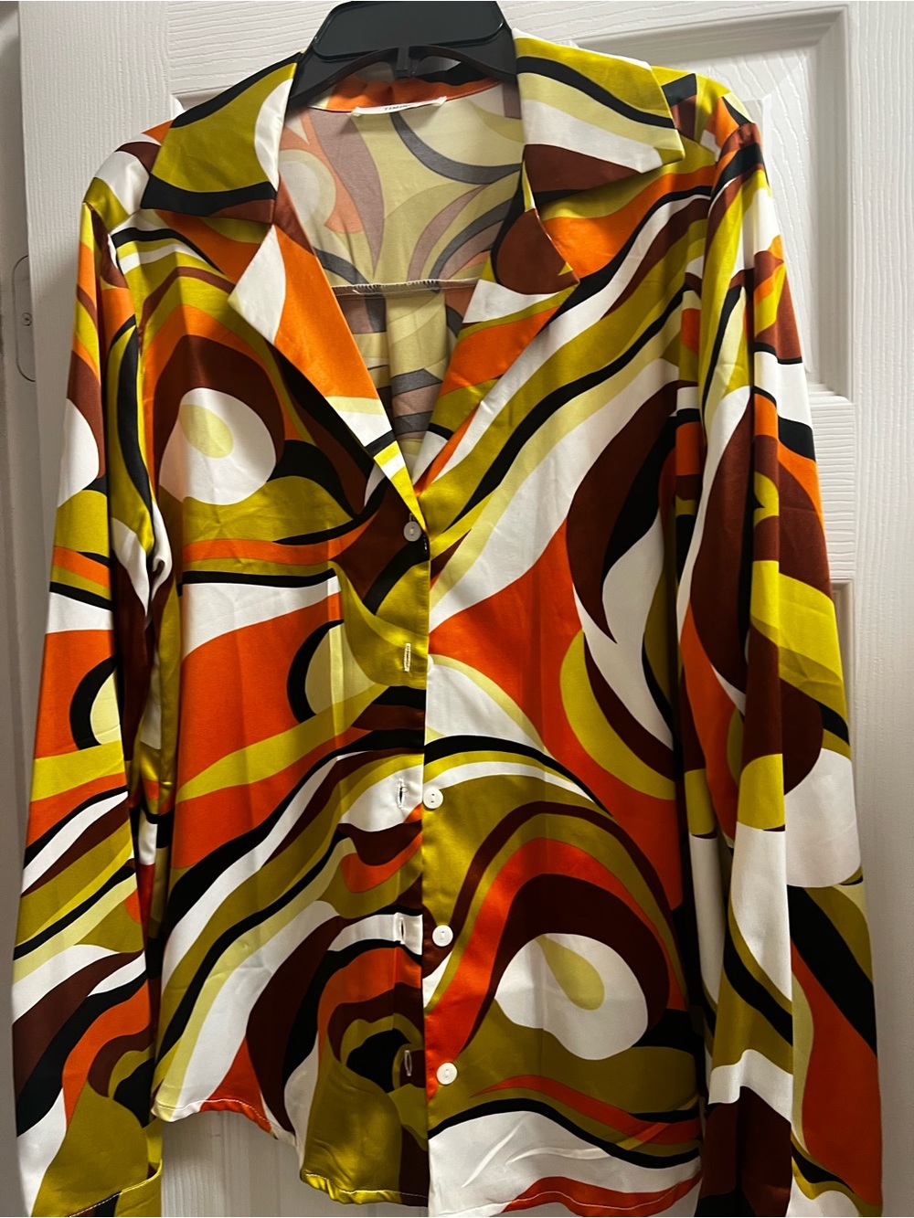 Timing Retro Swirl Button-Down Shirt in Orange, Brown & Olive